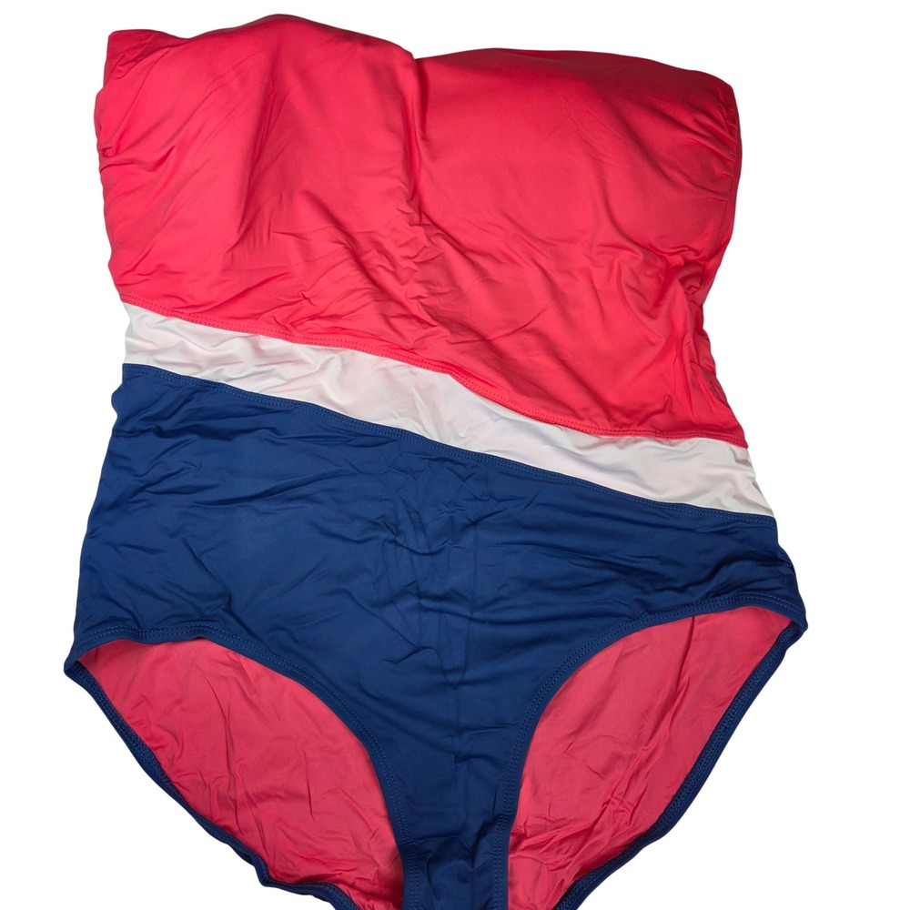 Anne Cole Bandeau Swimsuit Womens 16 Blue Coral Colorblock Strapless 844 NWT‎